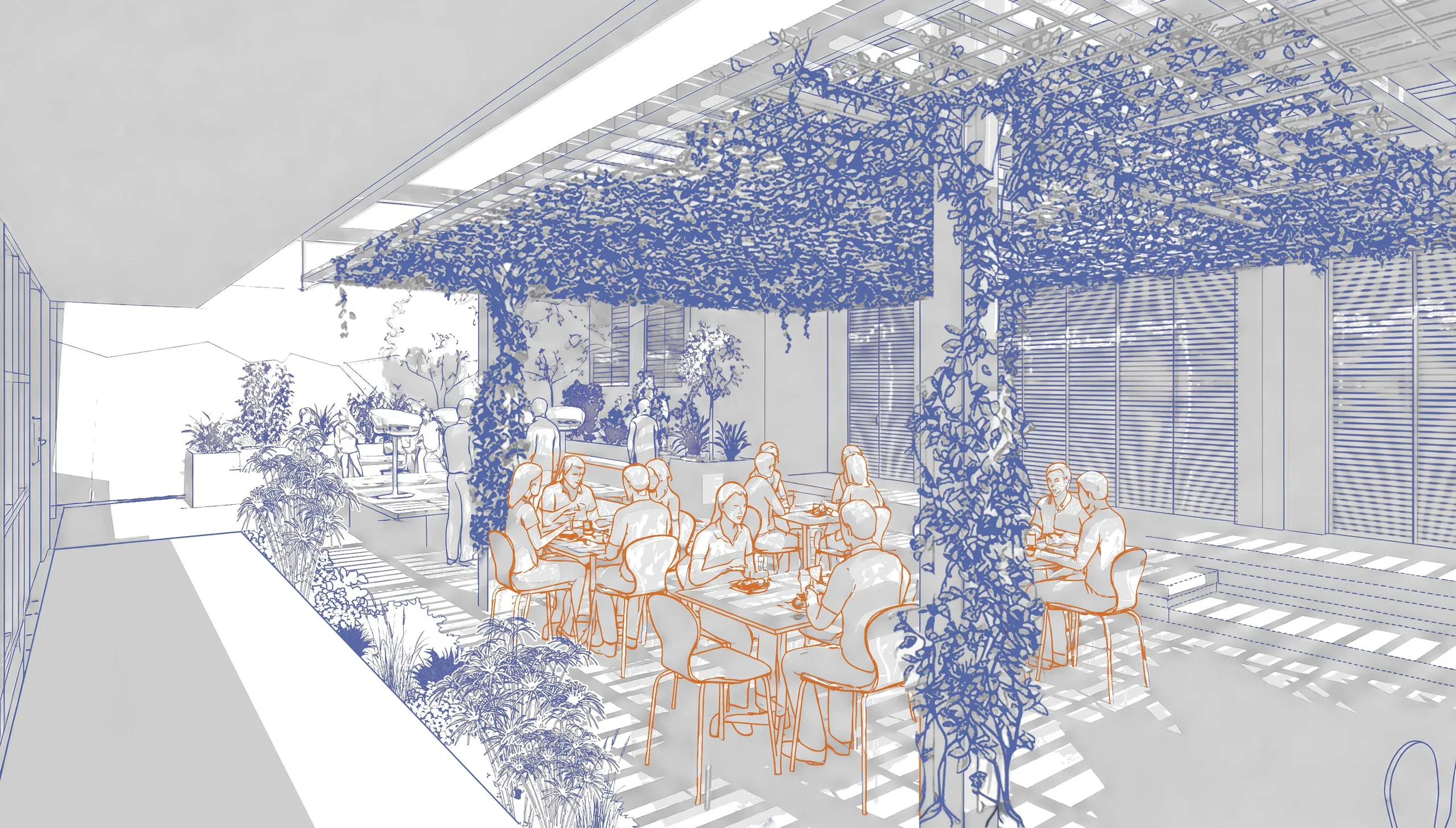 Café terrace with climbing plants and trellis